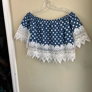 Love J Blue Polka Dot Lace Crop off shoulder Top.Great Condition summer beach L